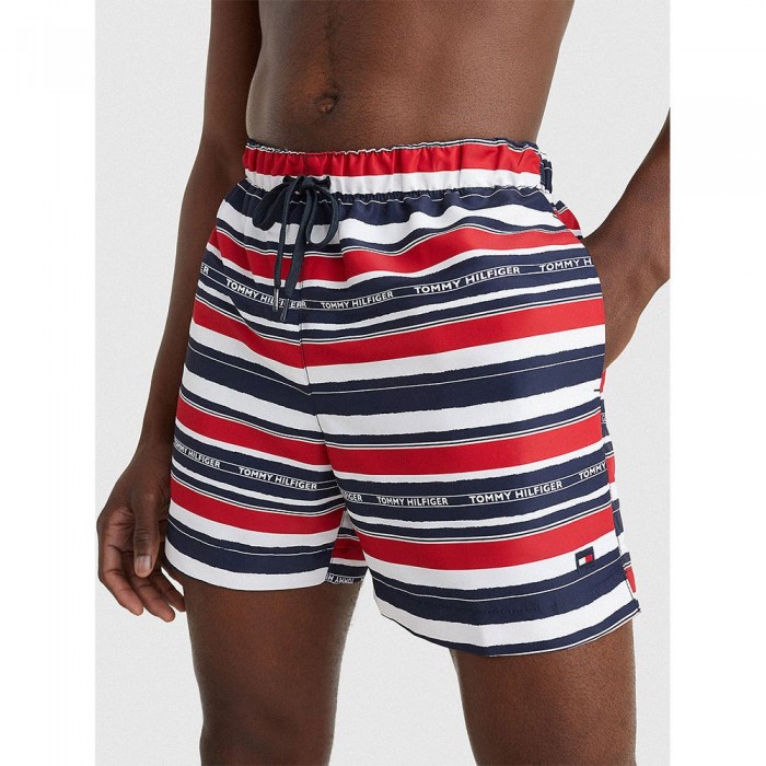 [해외]타미힐피거 언더웨어 Medium Drawstring-Print UM0UM02479 Swimming Shorts Hil Chalk Stripe Branded Print