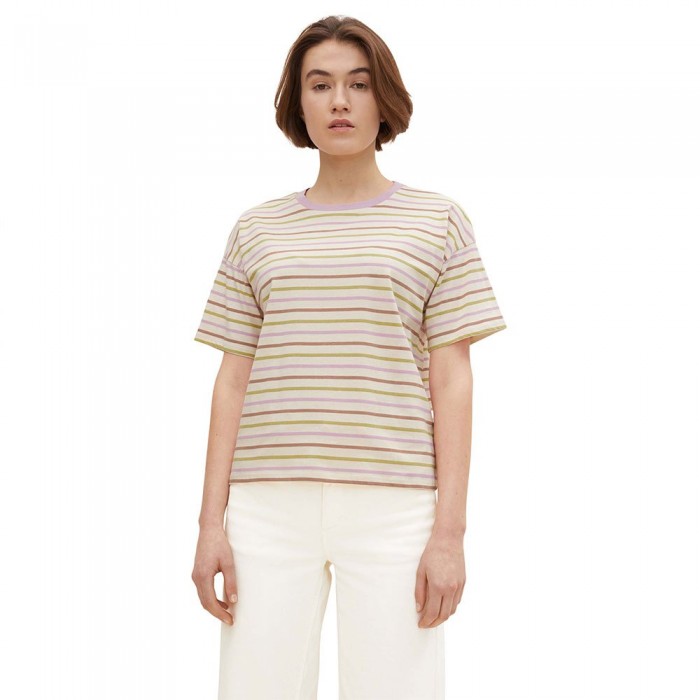 [해외]TOM TAILOR Boxy Print Short Sleeve T-Shirt Rose Green Multicolor Stripe