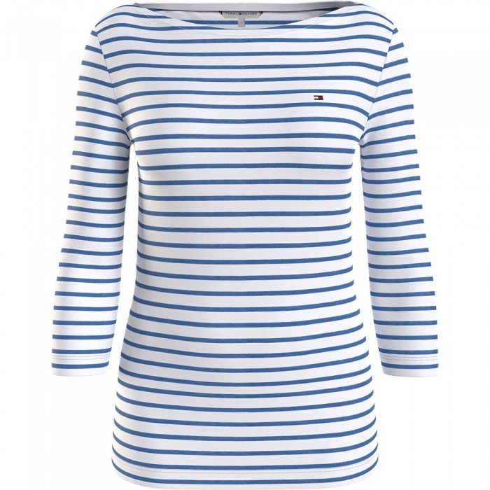 [해외]타미힐피거 Slim Stp 3/4 Sleeve Boat Net-Shirt 3/4 Sleeve T-Shirt Boat Neck Sky Cloud White Stripe