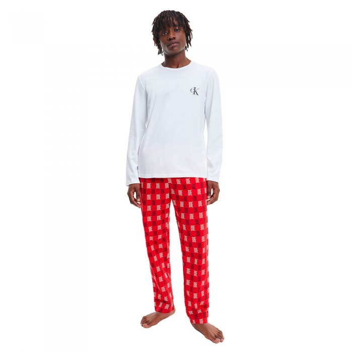 [해외]캘빈클라인 Long Sleeve Set Pants Pyjama White Top / Linear One Logo Pirnt Btm