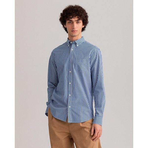 [해외]간트 Regular Broadcloth Stripe 버튼이 달린 긴팔 셔츠 139342544 College Blue