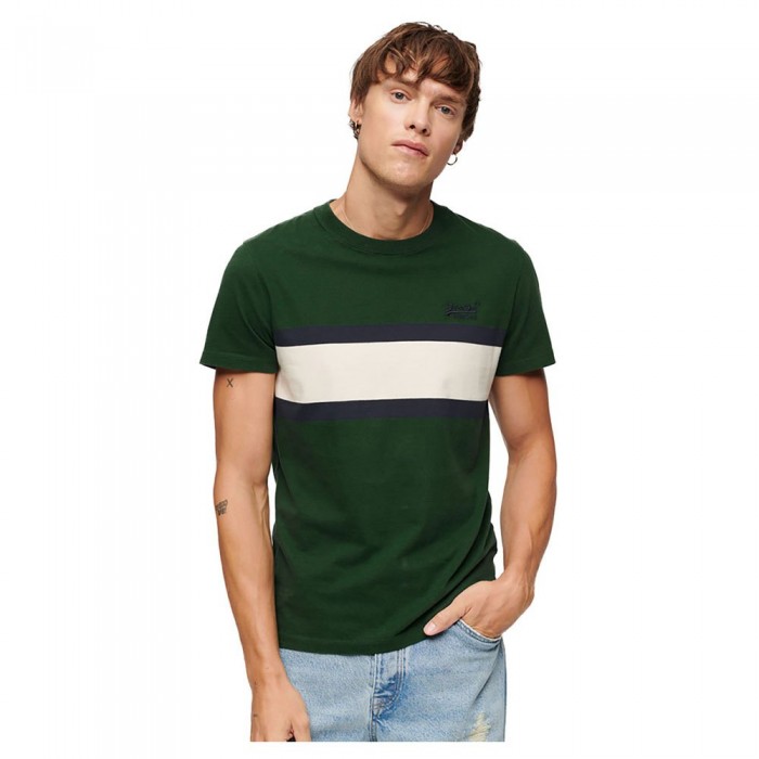 [해외]슈퍼드라이 반팔 라운드넥 티셔츠 Essential 로고 Stripe 140549276 Green Chest Stripe