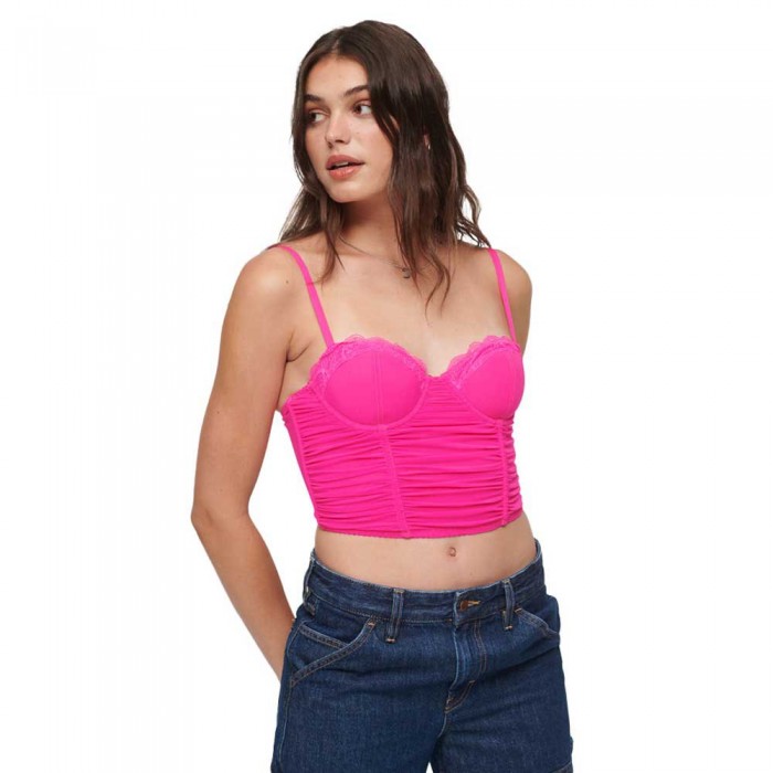 [해외]슈퍼드라이 Ruched Mesh Crop Corset 민소매 티셔츠 140424568 Pink Glow