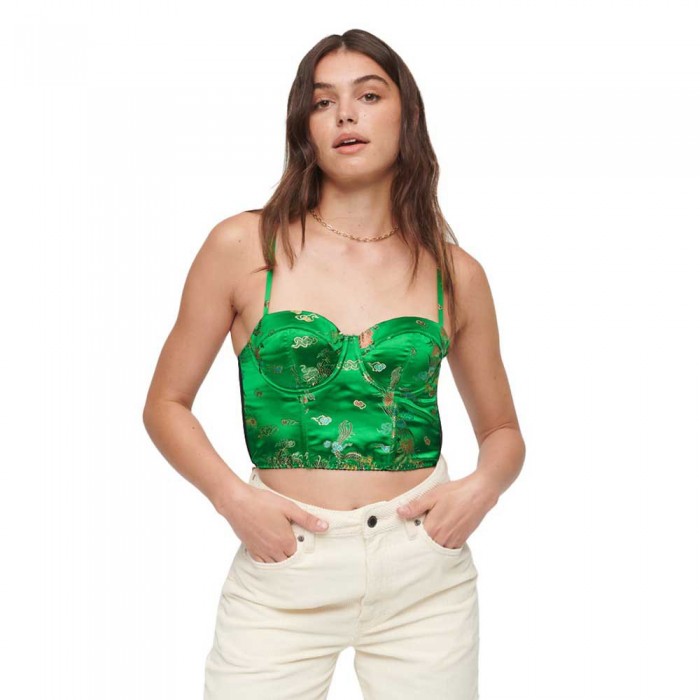[해외]슈퍼드라이 Satin Brocade Crop Corset 민소매 티셔츠 140424571 Green Brocade