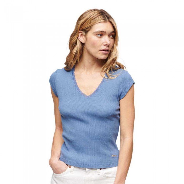 [해외]슈퍼드라이 Essential Lace Trim 반팔 티셔츠 140588060 Wedgewood Blue
