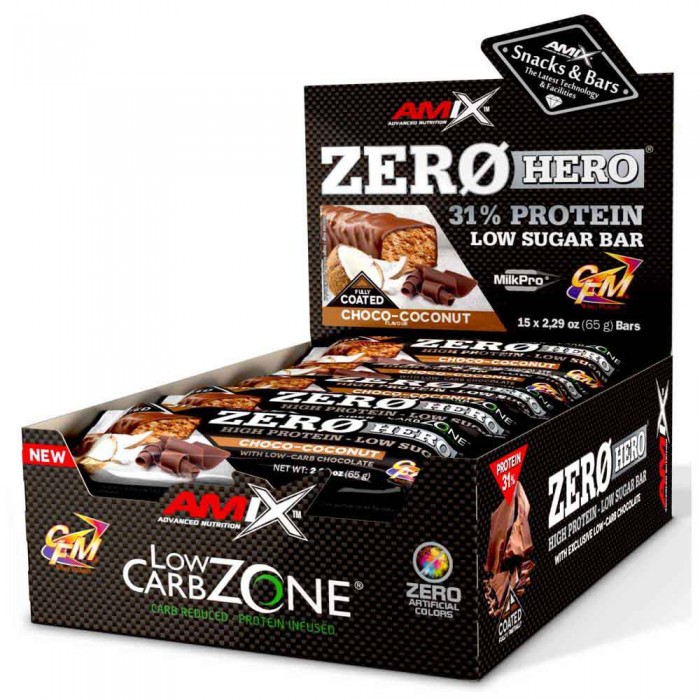 [해외]AMIX 프로틴 바 박스 코코넛&초콜릿 Low Carb ZeroHero 65g 15 단위 14140605030