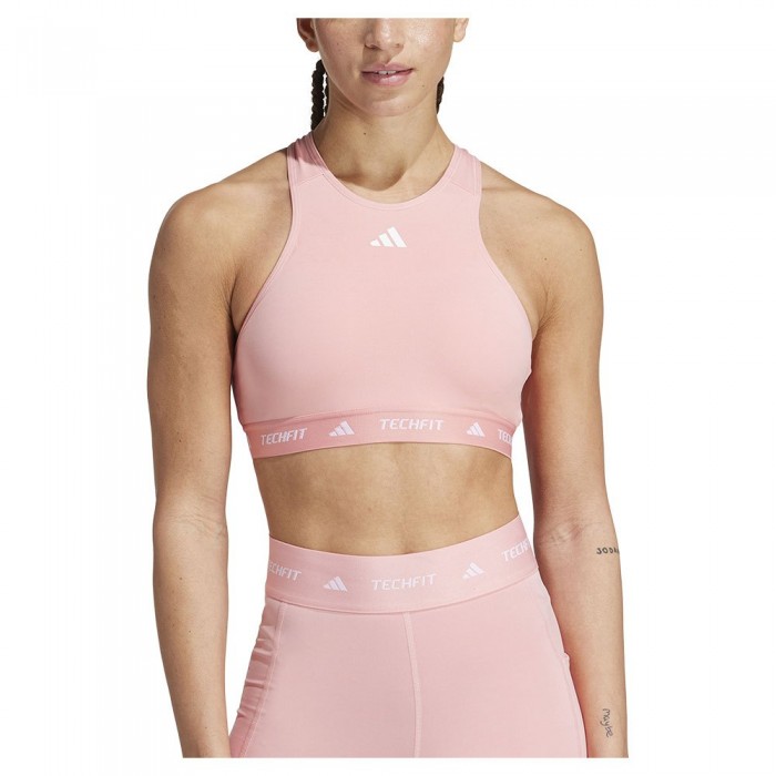 [해외]아디다스 Techfit High Neck 스포츠 브라 중간 지지력 7141125971 Semi Pink Spark