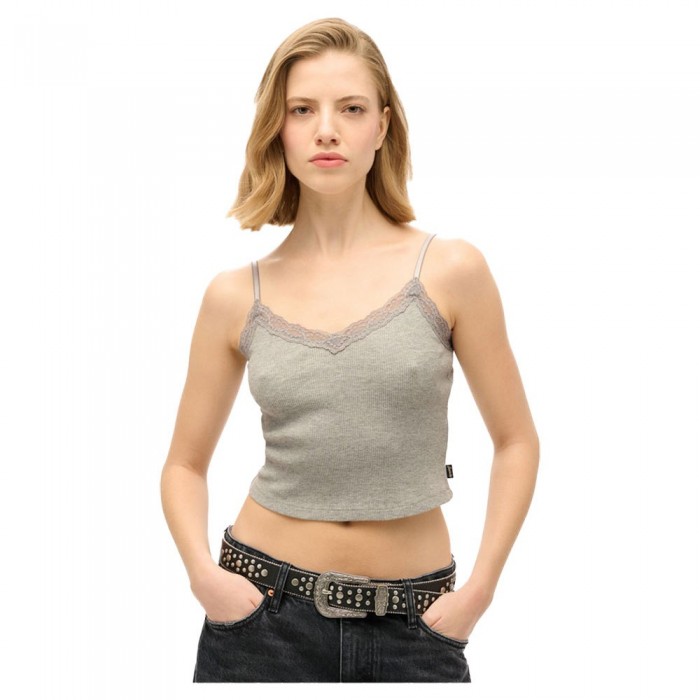 [해외]슈퍼드라이 Essential Lace Trim Crop Cami 민소매 티셔츠 140964567 Grey Marl