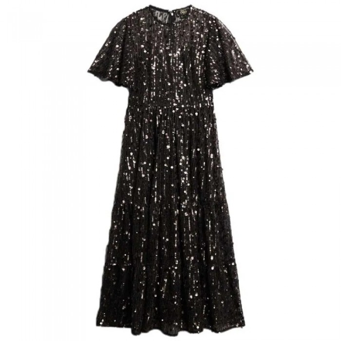 [해외]슈퍼드라이 Volume Tiered Mesh 반팔 미디 드레스 141398573 Pewter Sequin