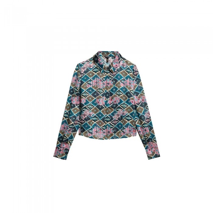 [해외]슈퍼드라이 Sheer Lurex Printed 긴팔 티셔츠 141198236 Mukaitsuru Teal Pink