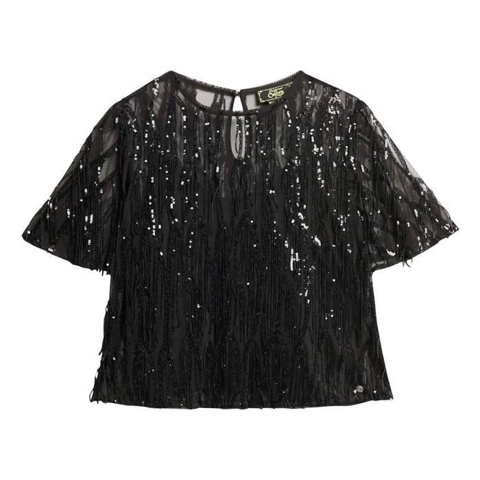 [해외]슈퍼드라이 Sheer Short 슬리브 Sequin 반팔 티셔츠 141198237 Black Fringe