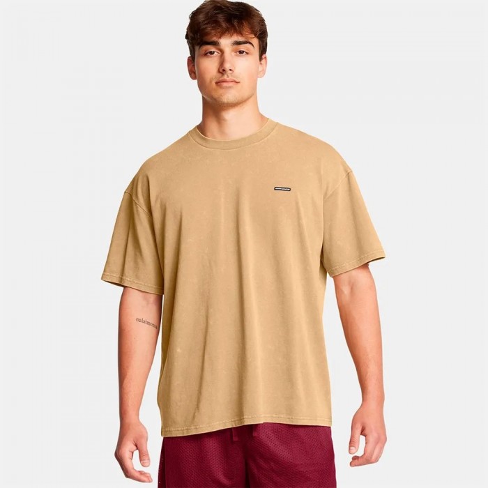 [해외]언더아머 헤비weight Oversized Logo Wash 반팔 티셔츠 7141021090 Camel / White